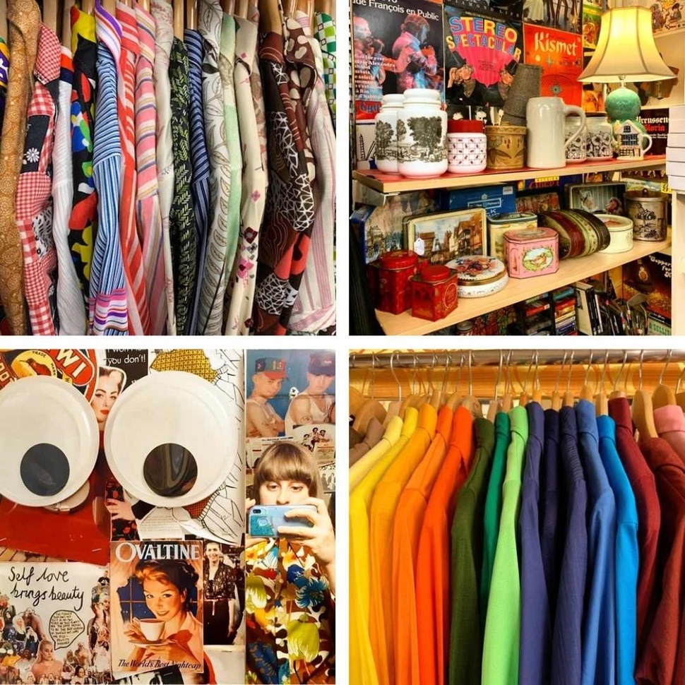 "Four images of clothes hanging up, trinkets on a shelf and random bits and bobs including googly eyes are pasted together"