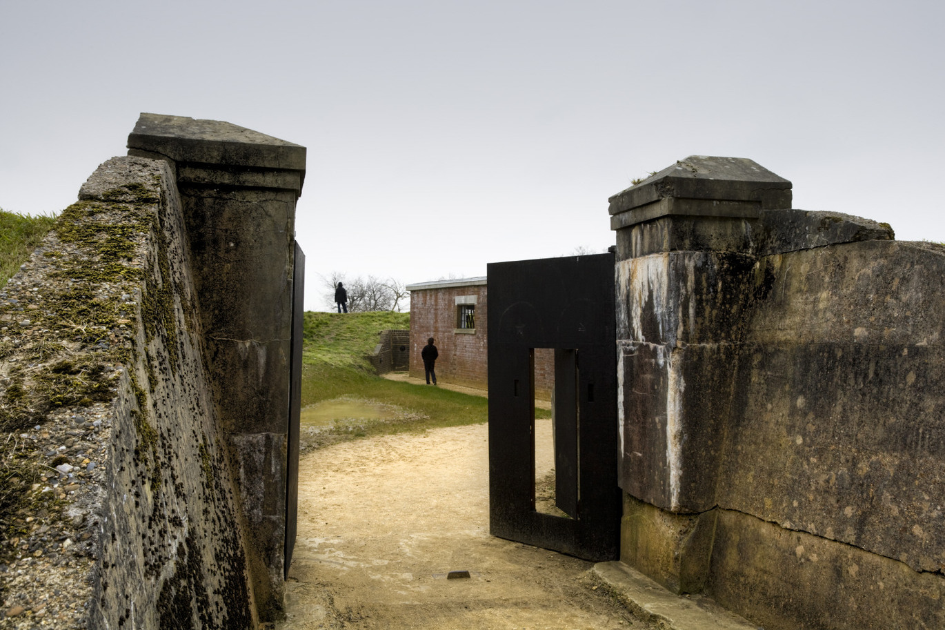 A view through the large stone 19th century gates at Reigate Fort.
