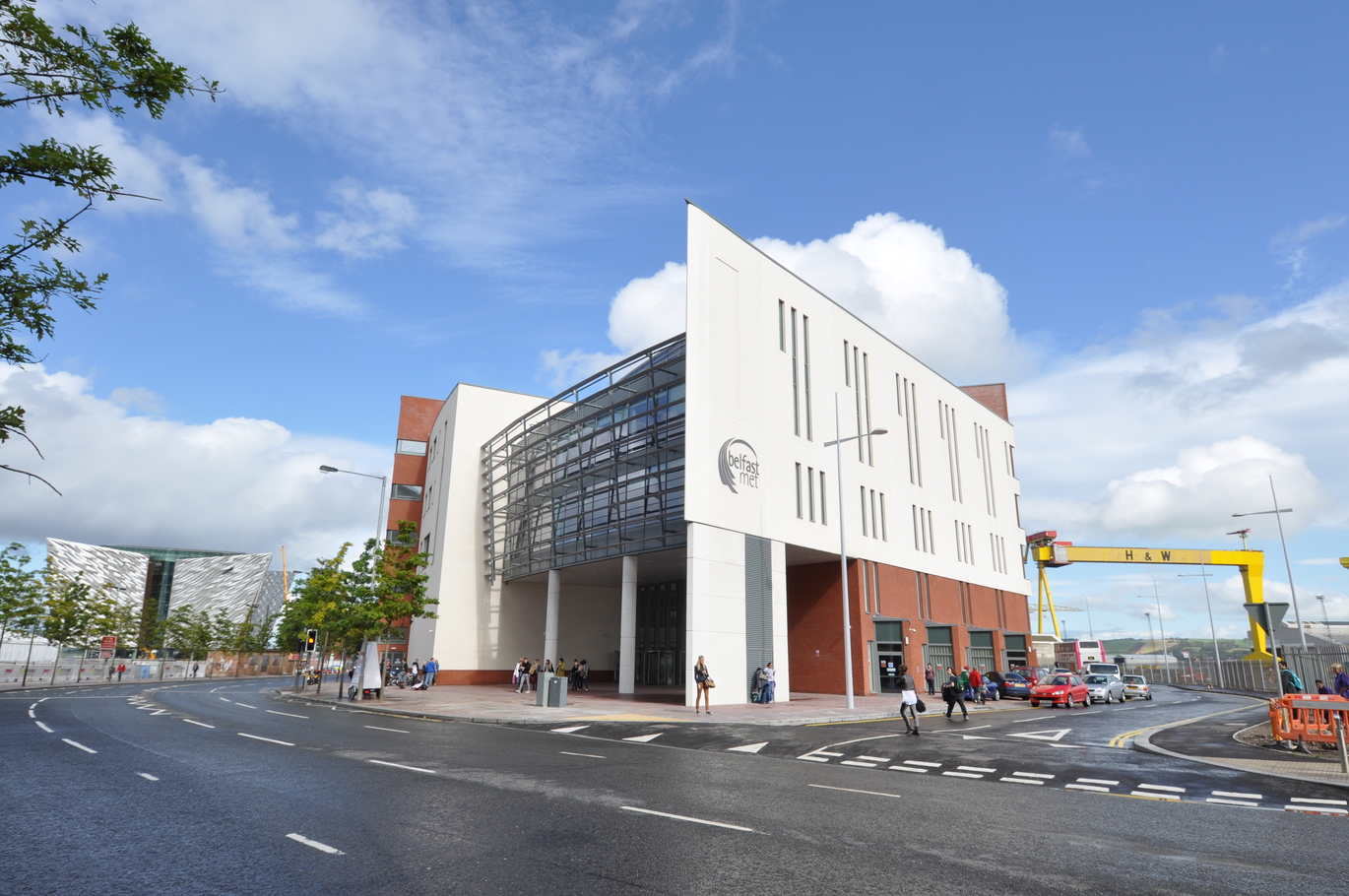 "Exterior image of Titanic Quarter Campus with blue sky behind"
