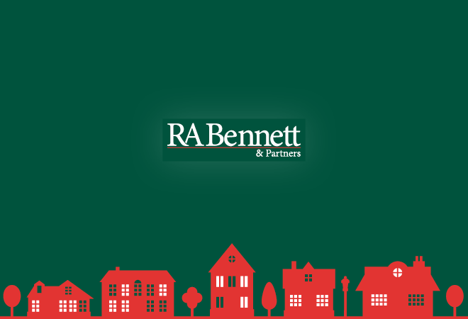 "R A Bennett logo on a green background, red houses across the bottom"