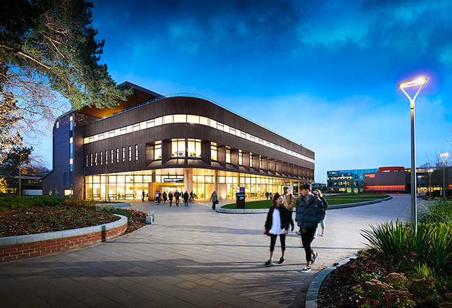 view of the Catalyst building at night