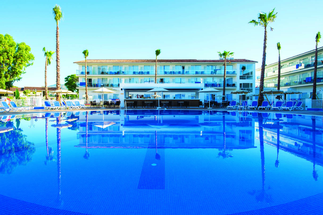 A view of the large, blue swimming pool surrounded by blue sun loungers and palm trees behind. Behind this is the hotel building where you can see a cluster of hotel rooms with balconies. This is all also reflected in the pool. The sky above is clear and blue.