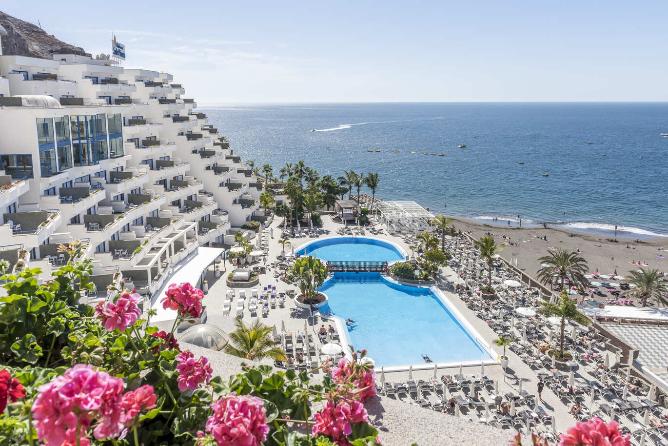 Aerial view of the hotel complex through some pretty pink flowers with the building to the left and the pool on the ground level surrounded by sun loungers, with the beach and sea right next door.