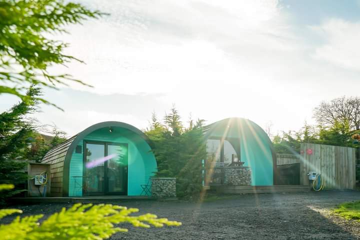 "Camping view - two pods with the sun shining over them"