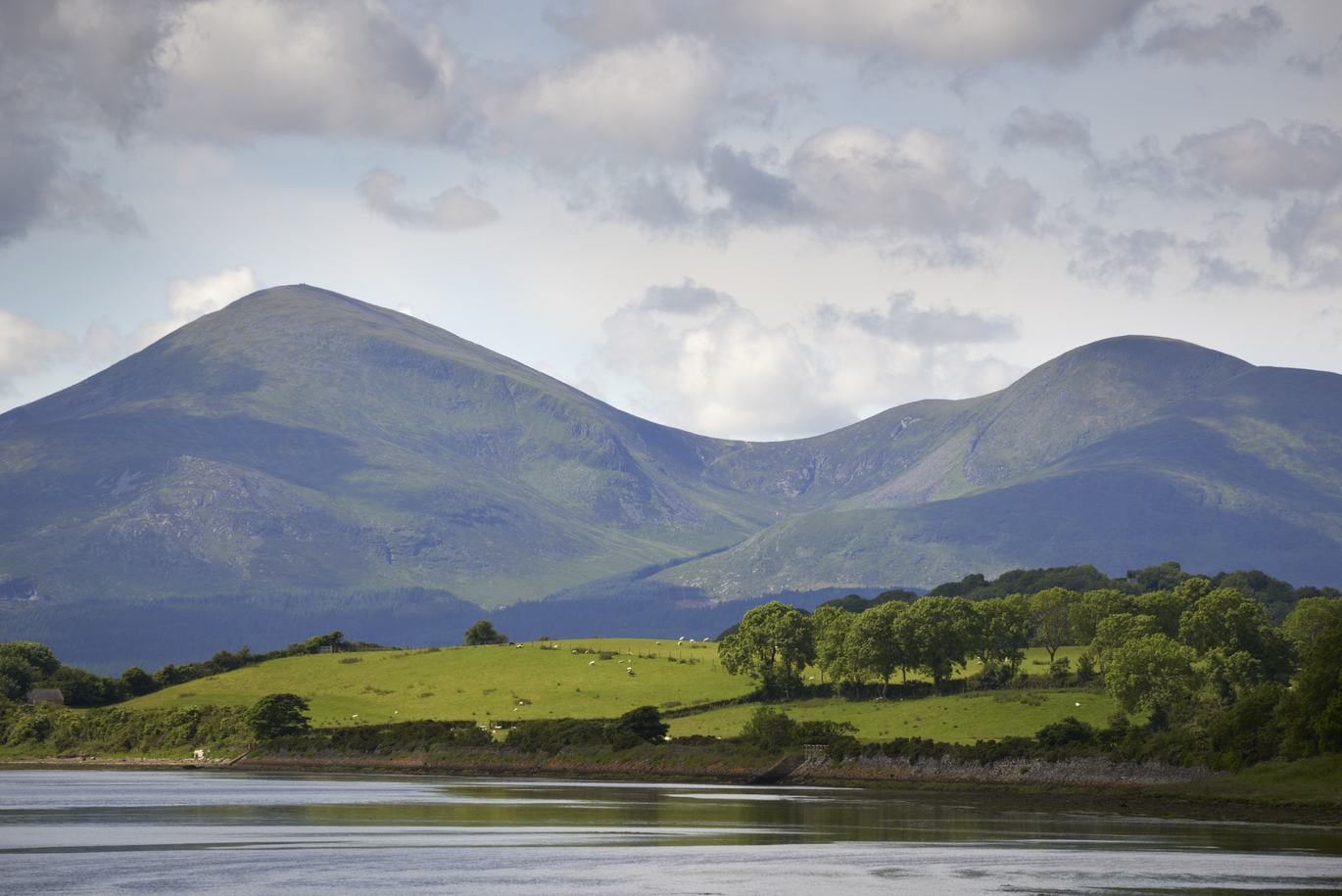 Distant view of Mourne Mountains over the lake and through the fields.