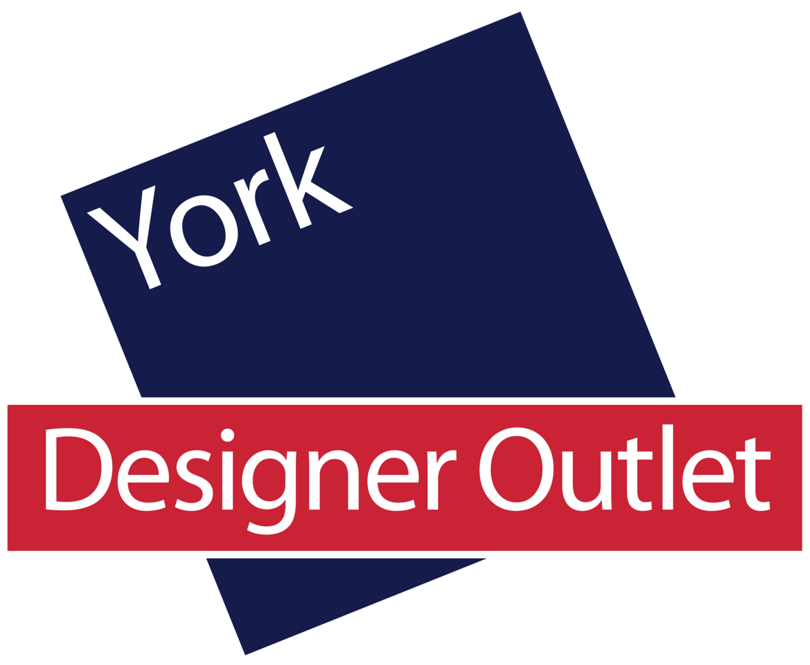 "York Designer Outlet logo which features a blue square tilted on its side and a red banner across the middle"