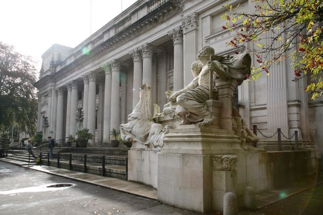 "Glamorgan Building from the front. Statues are either side of the steps leading to the building."