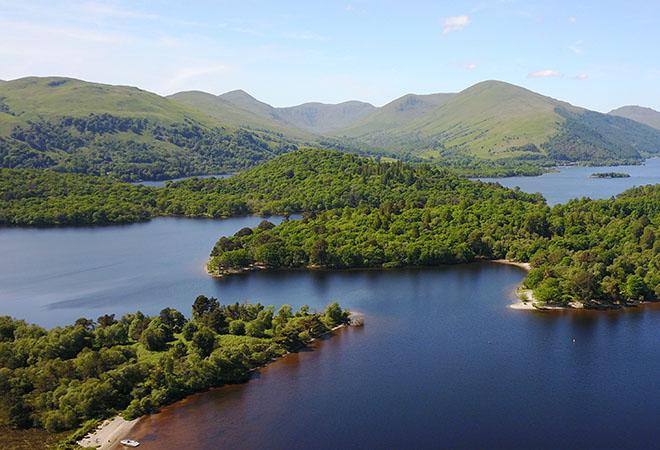 "birds eye view lake and forest"