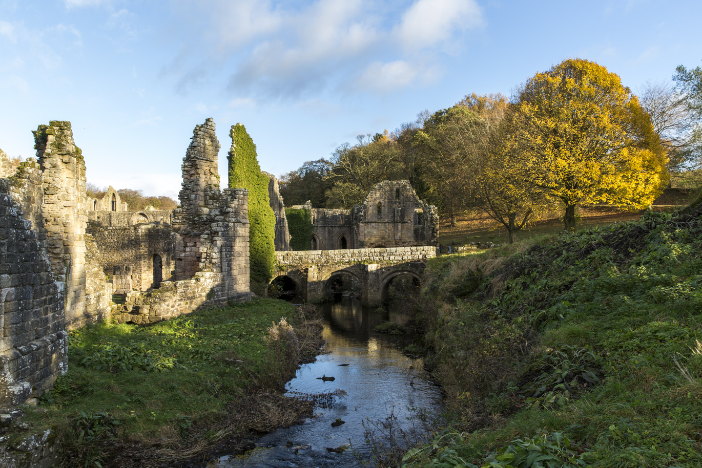 Autumnal sun lights up the 12th century ruins at Fountains Abbey and Studley Royal Water Garden with the stream running through, surrounded by greenery and trees.