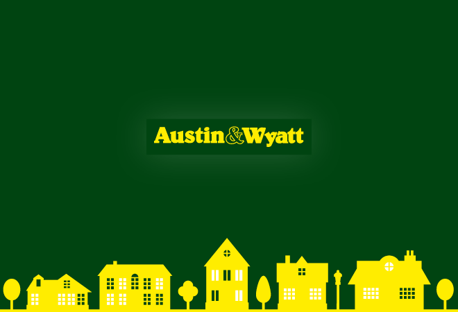 "Austin & Wyatt logo on a green background, yellow houses along the bottom"