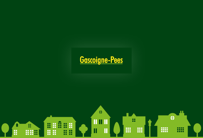 Gascoigne-Pees logo on a green background, light green houses across the bottom"