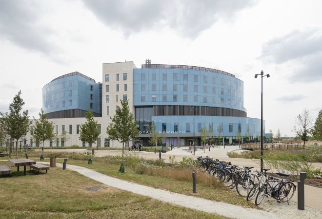 Photo of outside overall site of new Royal Papworth Hospital