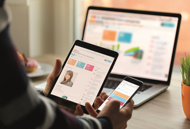 "Someone is using their phone, tablet, and laptop to look at the Sequence website and app"