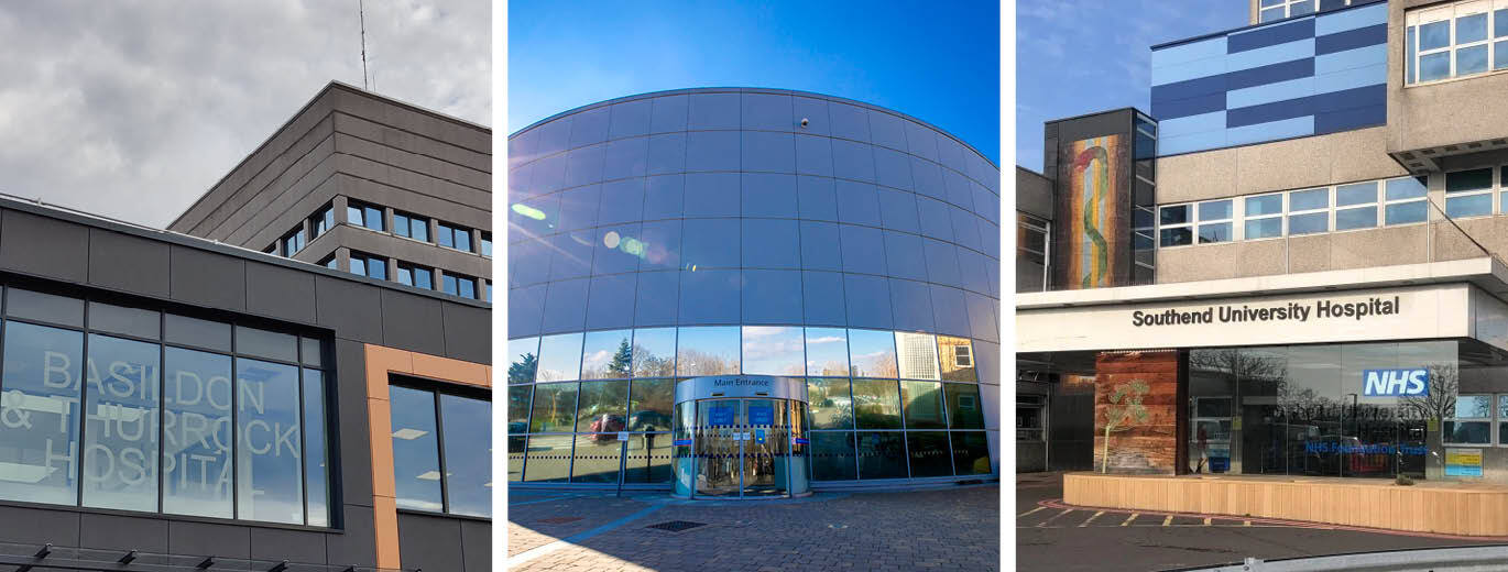 "A montage image of Basildon University Hospital, Broomfield Hospital and Southend University Hospital"