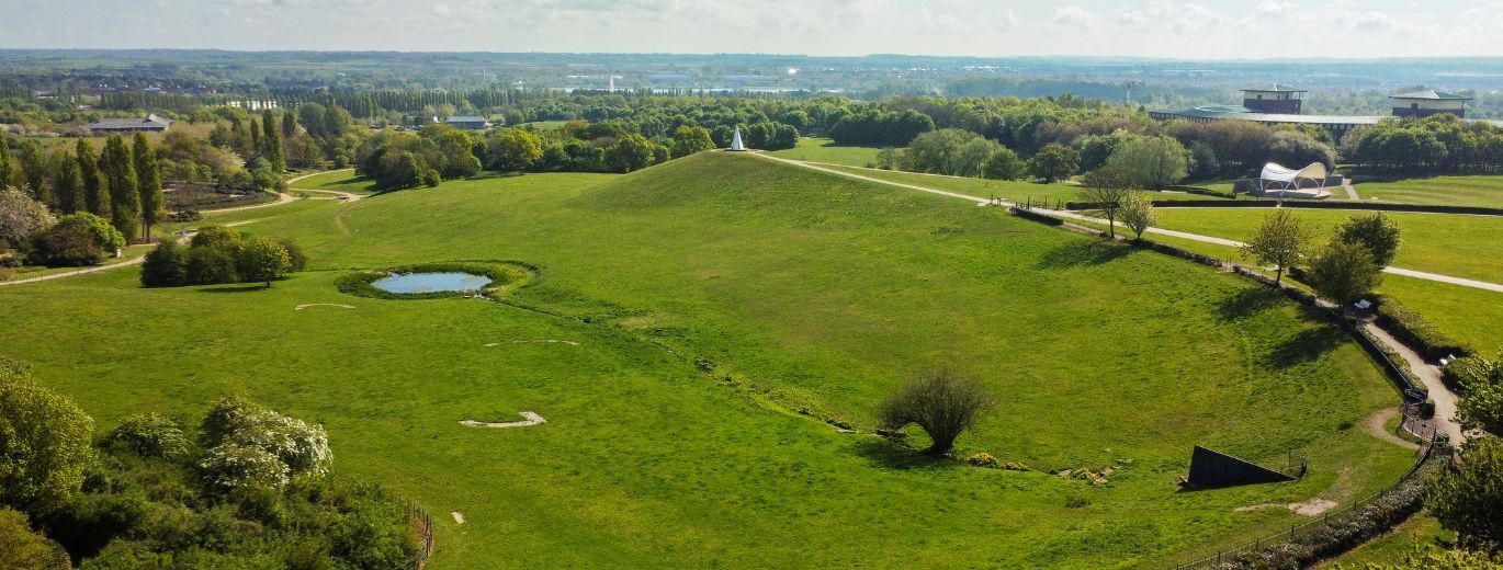 "Photograph is an aerial view of a green landscape"