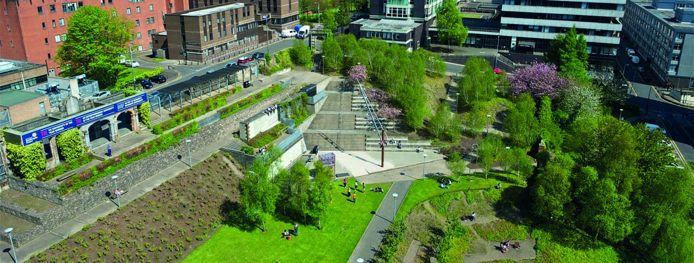 "University of Strathclyde building aerial view showing green park area on right hand side"