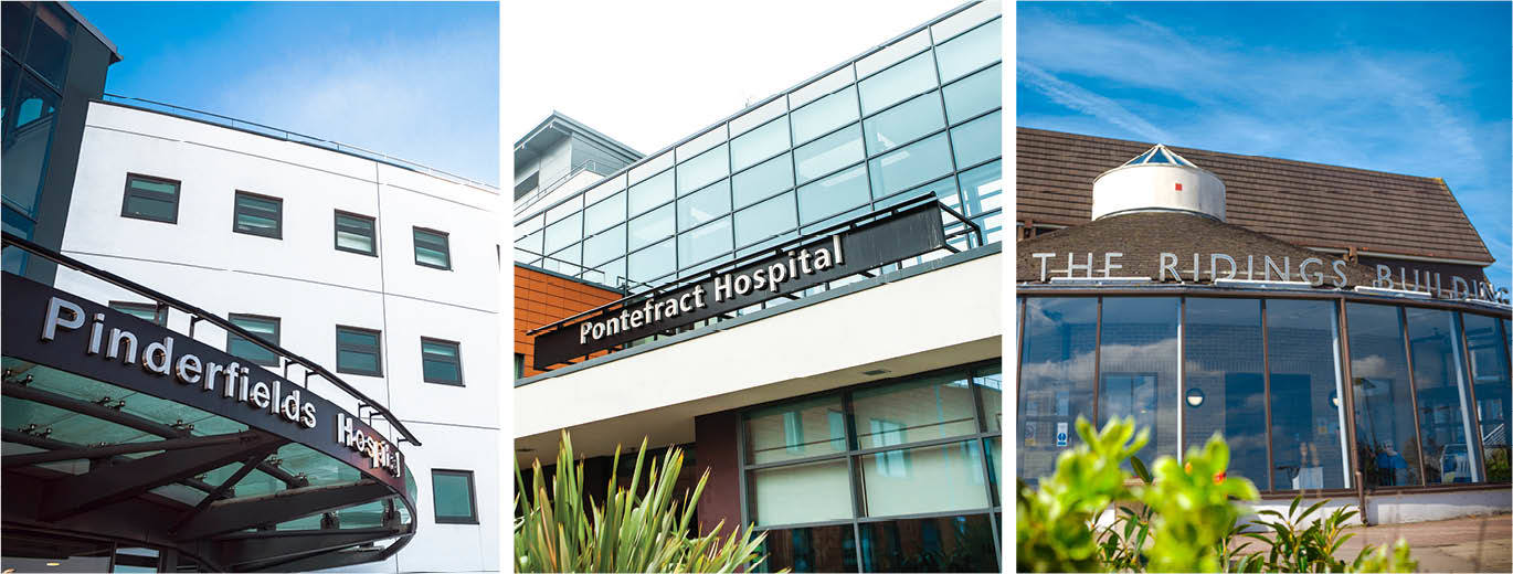 "Pinderfields Hospital, Pontefract Hospital, and The Ridings Building"