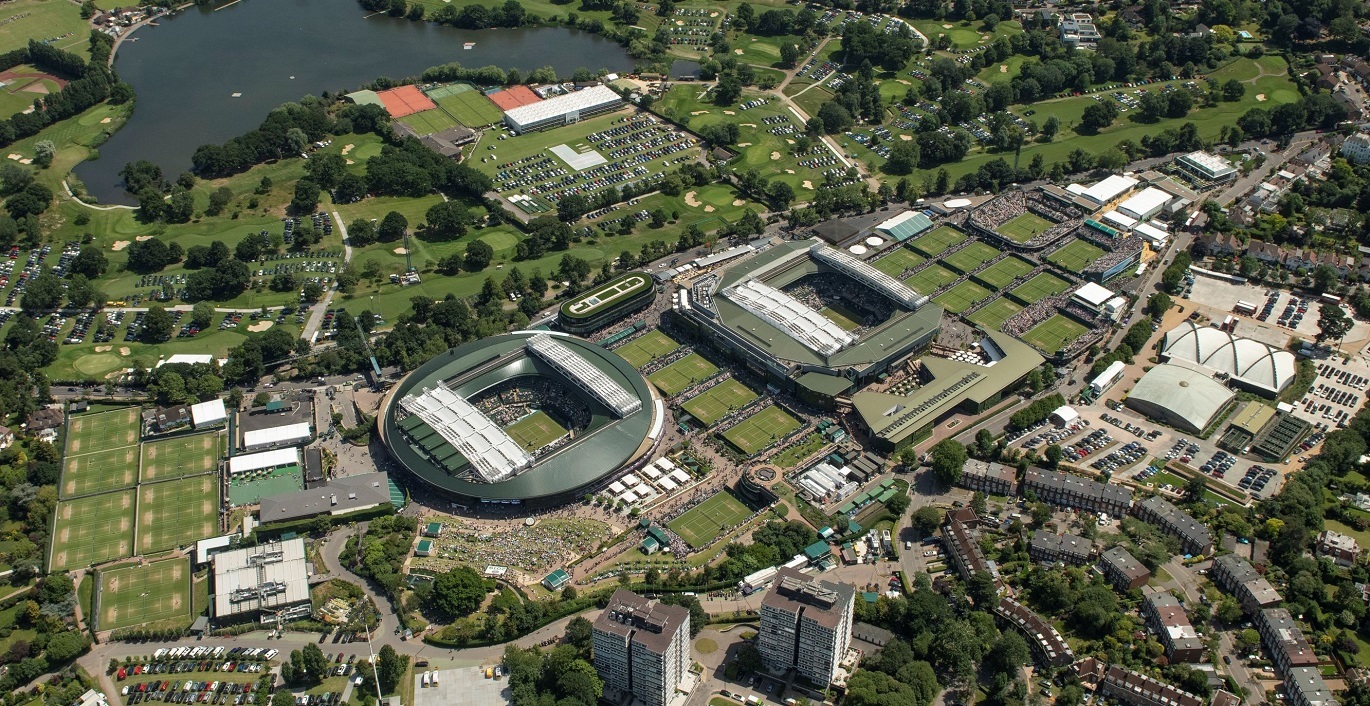 "Ariel shot of Wimbledon showing all the tennis courts from above."