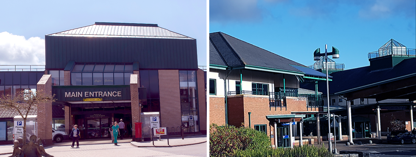 Split image of Antrim Area Hospital front and Causeway Hospital front