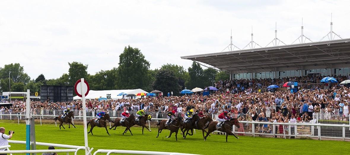 "Image of the horses finishing a race and the crowd in the background at Leicester Raceourse"