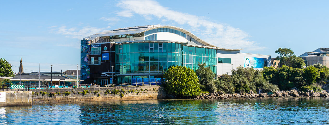 A building with a waved roof, glass windows and it is all sitting next to a river.