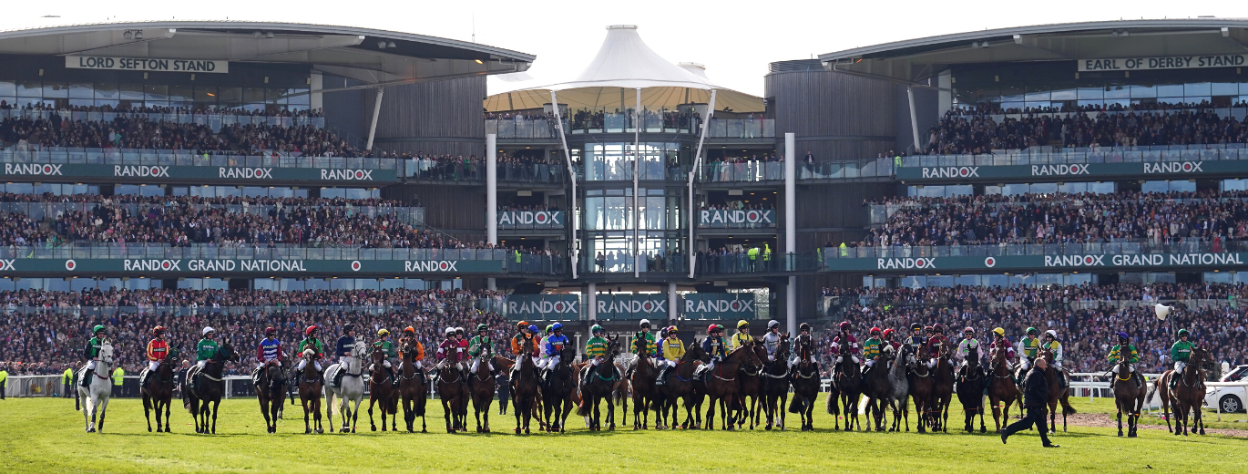 "Line of horses in front of the grand stand on race day, all lined up ready to start the race"