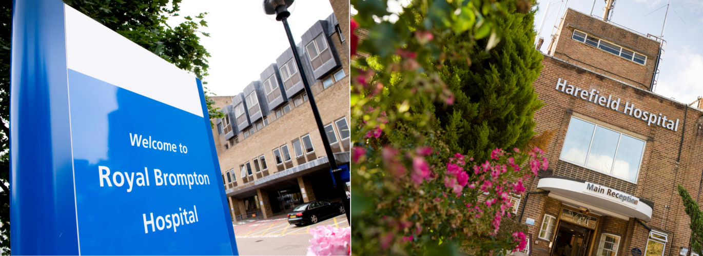 2 images combined together. On the left is a blue and white sign of 'Welcome to Royal Brompton Hospital' and to the right is a close up of the Harefield Hospital entrance with 'Harefield Hospital' in large white writing at the top of the building