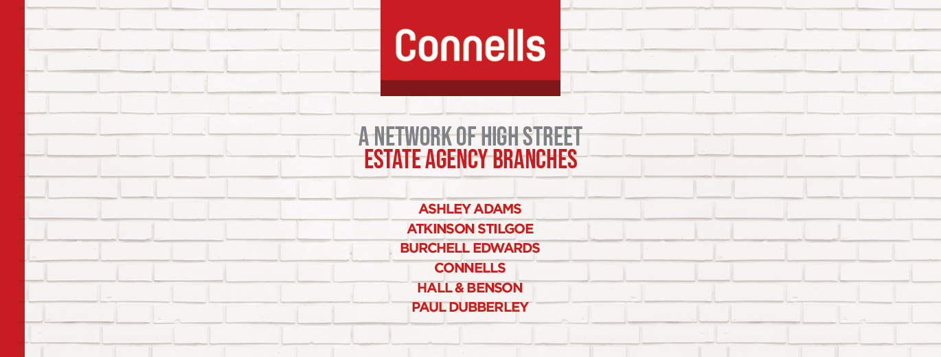 Connells logo on a white brick background with red text listing branches including Ashley Adams, Bagshaws Residential, Barnfields, Brown & Merry, Fox & Sons, Hall & Benson, and Paul Dubberley.