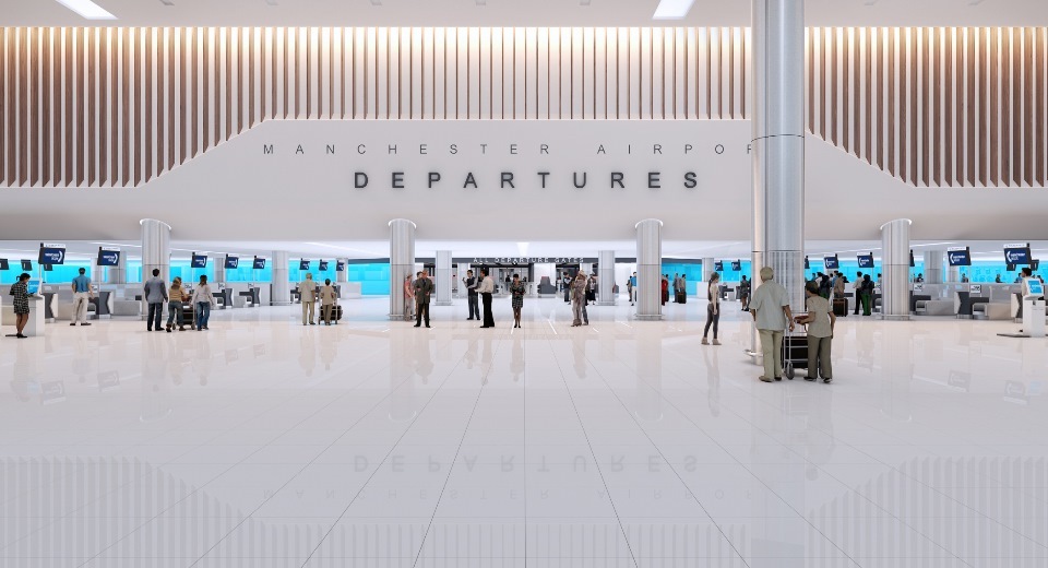 "A photo of Manchester Airport Departures area. The floor is white and shiny, there are white/silver pillars spread throughout. 'Manchester Airport Departures' is written above the check in desks. People are located through the area with luggage'."