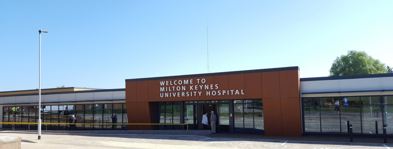 "Front and main entrance to Milton Keynes Hospital in landscape view"