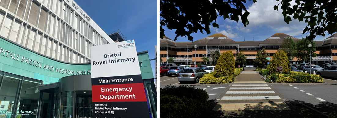 "Two images side by side. The image on the left is the main entrance to Bristol Royal Infirmary. There is a large sign outside that reads 'Bristol Royal Infirmary, Main Entrance, Emergency Department, Access to Bristol Royal Infirmary (Zones A & B). The image on the right is of the approach to Weston General Hospital's main entrance. In the forefront, there is a car park and two zebra crossings between a row of trees and hedges. In the background is the hospital."