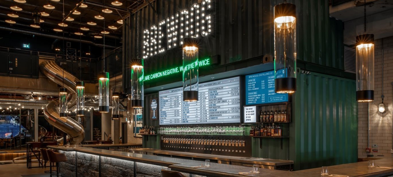 "Internal view of BrewDog Waterloo looking across the bar towards the slide"