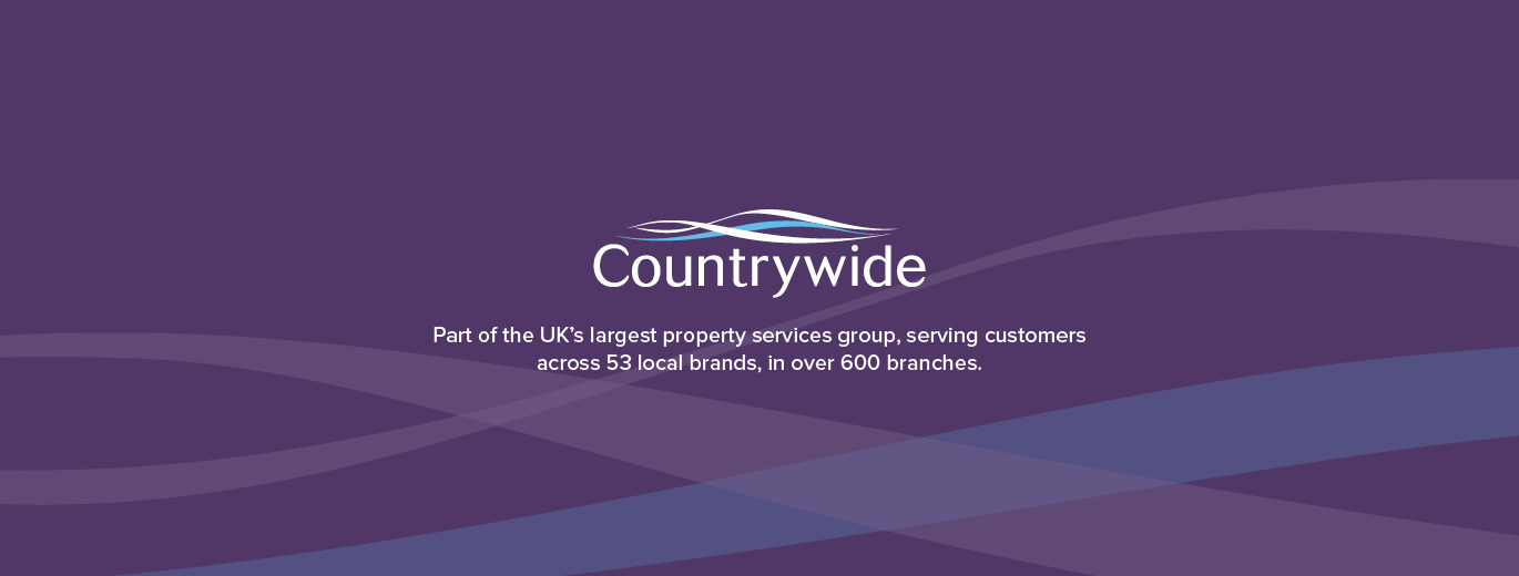 "purple background with white text. It says Countrywide, part of the uk's largest property services group, serving customers across 53 local brands, in over 600 branches"