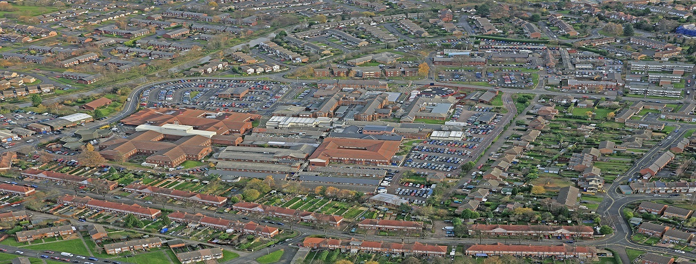 "Aerial view of Warwick hospital"