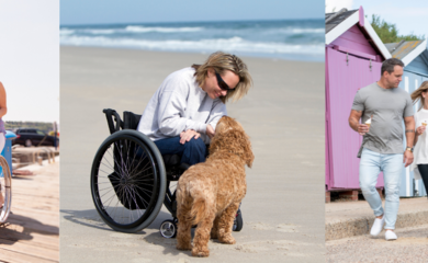 Collage of three images including an older couple walking along the pier, with the female pushing her male partner who is a wheelchair user, a female wheelchair user bending down to pet her dog on the beach, and a family of three with a disabled son walking along the seafront with rows of colourful beach houses in the background.