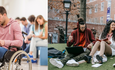 Two images side by side. The first features a male wheelchair user in a red jumper, reading a book in a hallway lined with other students. The second features a group of three students sat on the grass outdoors, laughing and talking as they work on their laptops and notebooks.