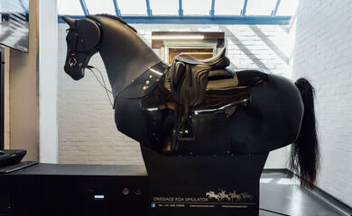 A horse-shaped Equestrian Simulator inside the building at the riding centre