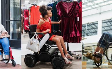 Three images side by side. The first shows a black female wheelchair user wheeling down a path holding shopping bags, the next shows a black female wheelchair user looking at a dress inside a store, and the final shows a white female wheelchair user posing and looking down inside a shopping arcade.