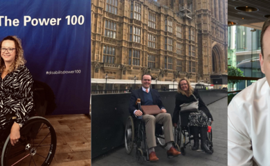 Three images. One is a headshot of Dr Gregory Burke, one is Carrie-Ann Lightley at a previous Disability Power 100 event, and one is Dr Gregory and Carrie-Ann in smart clothing outside Westminster in London