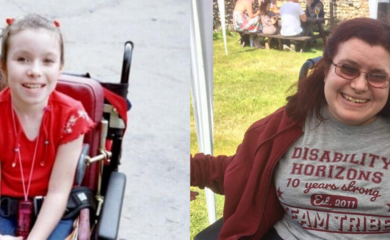 Two images of Emma Purcell, a white female wheelchair user, side by side. In the first she is ten years old, smiling wearing a red top. In the second, she is an adult, smiling and wearing a Disability Horizons t-shirt.