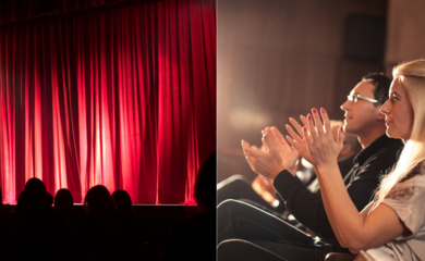 Red theatre curtains drawn at the beginning of a performance, next to an image of three adults sat in the audience and clapping.