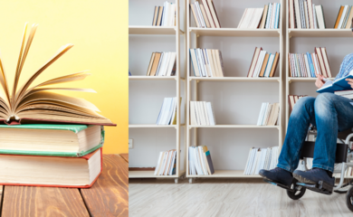 To the left of the image are three books stacked on top of each other on a wooden floor. The background is yellow. The top book is open and the pages are spread out like a fan. On the right of the image is a set of white bookshelves in front of a white wall. There are a umber of books on the shelves. In front of them sits a man in jeans and a blue checked shirt in a wheelchair. He is smiling at the camera and holds an open book in his hands.
