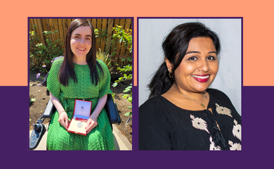 A photo of Emma Muldoon with her British Empire Medal alongside a close up photo of Tanvi Vyas