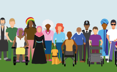 An illustrated graphic of a diverse group of people. 