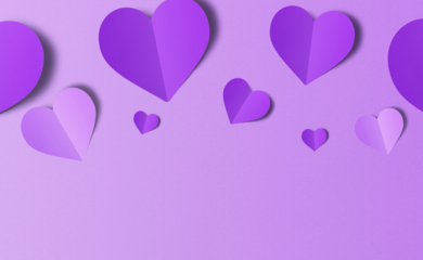 A light purple background with purple paper hearts