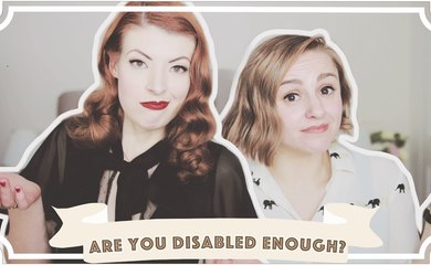 Jessica Kellgren-Fozard and Hannah Witton sat next to each other with the caption 'Are you Disabled Enough'