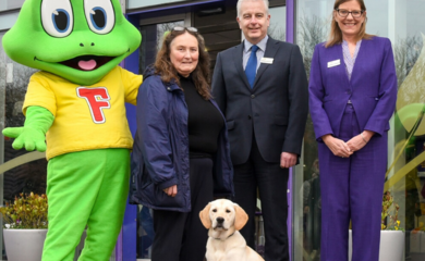 Freddo, Mary Beswick from Guide Dogs for the Blind Association, Gerrard Baldwin General Manager at Cadbury World, Michelle Darragh Assistant Visitor Services Manager & Community Champion at Cadbury World, and Buttons