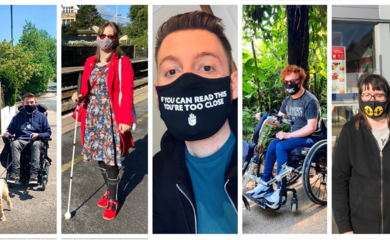 A collage of different disabled people wearing masks