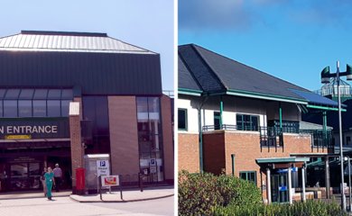 Collage showing two photos, one of Antrim Area Hospital and one of Causeway Hospital