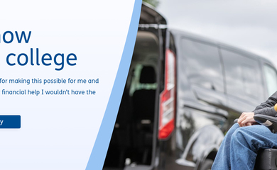 Image of dark blue text on a light blue background which reads: I can now attend college. Thank you to Motability for making this possible for me and my family. Without their financial help I wouldn't have the freedom I have. To the right of the text is a young boy in a powerchair.
